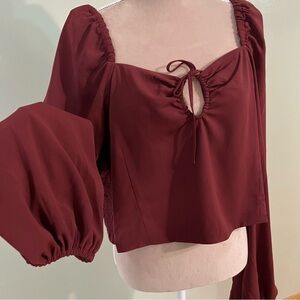 Open Edit Womens Burgundy Square Neck Long  Ballon Sle  Smocked Back Crop Top 2X